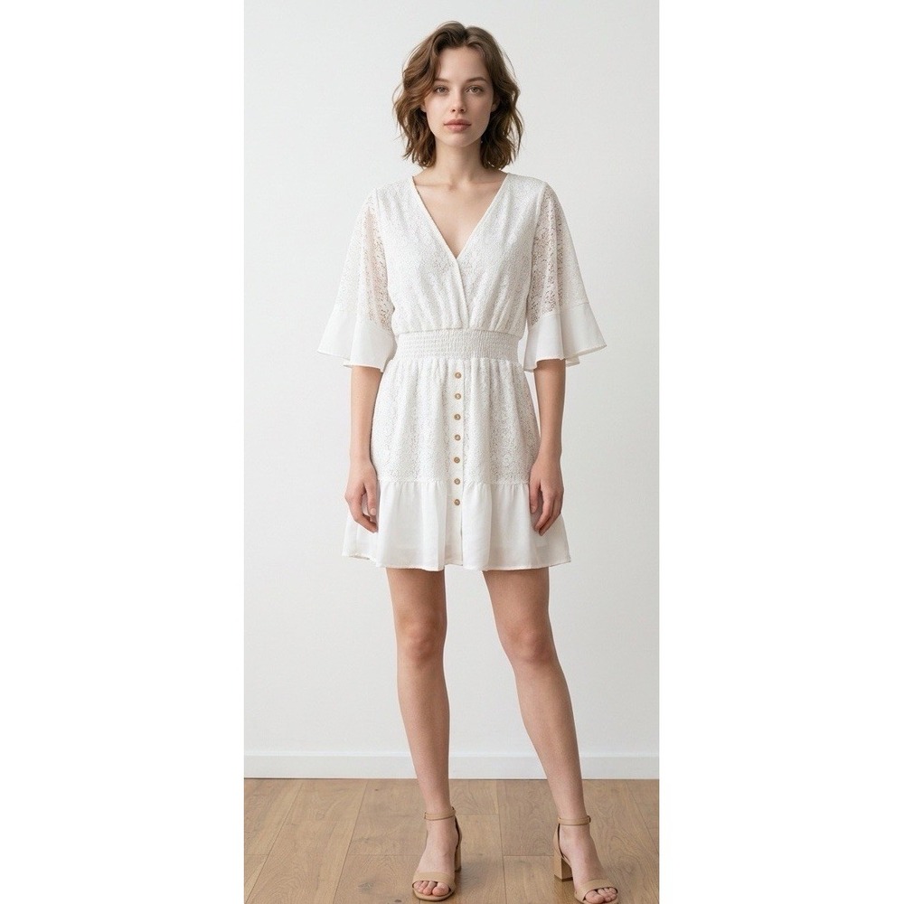 NWT One eleven White Lace Large Boho Dress Open Back Smocked Waist